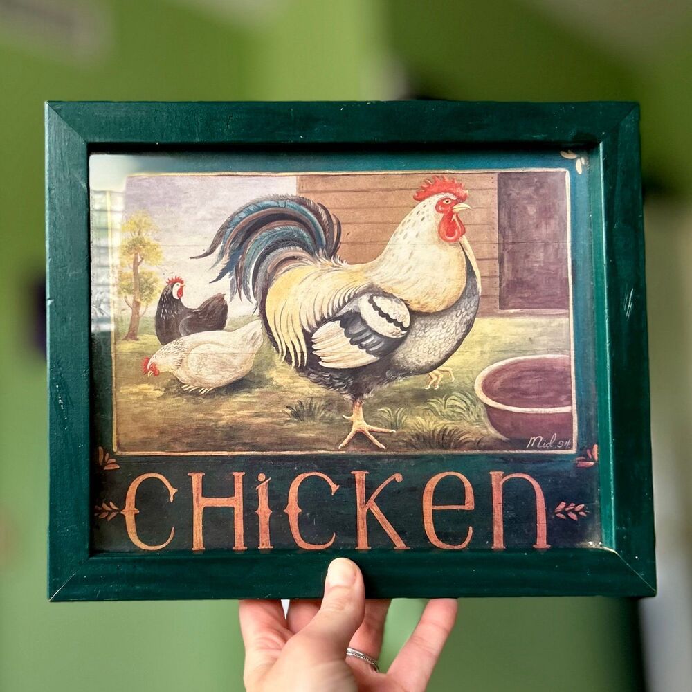 ❌SOLD VTG Farmhouse Chicken Framed Wall Hanging Rustic Retro Wall Sign